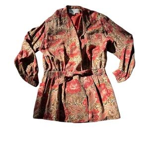 VINTAGE Pat Argenti Silk Jacket Red Floral Paisley Leopard Print Collared Womens